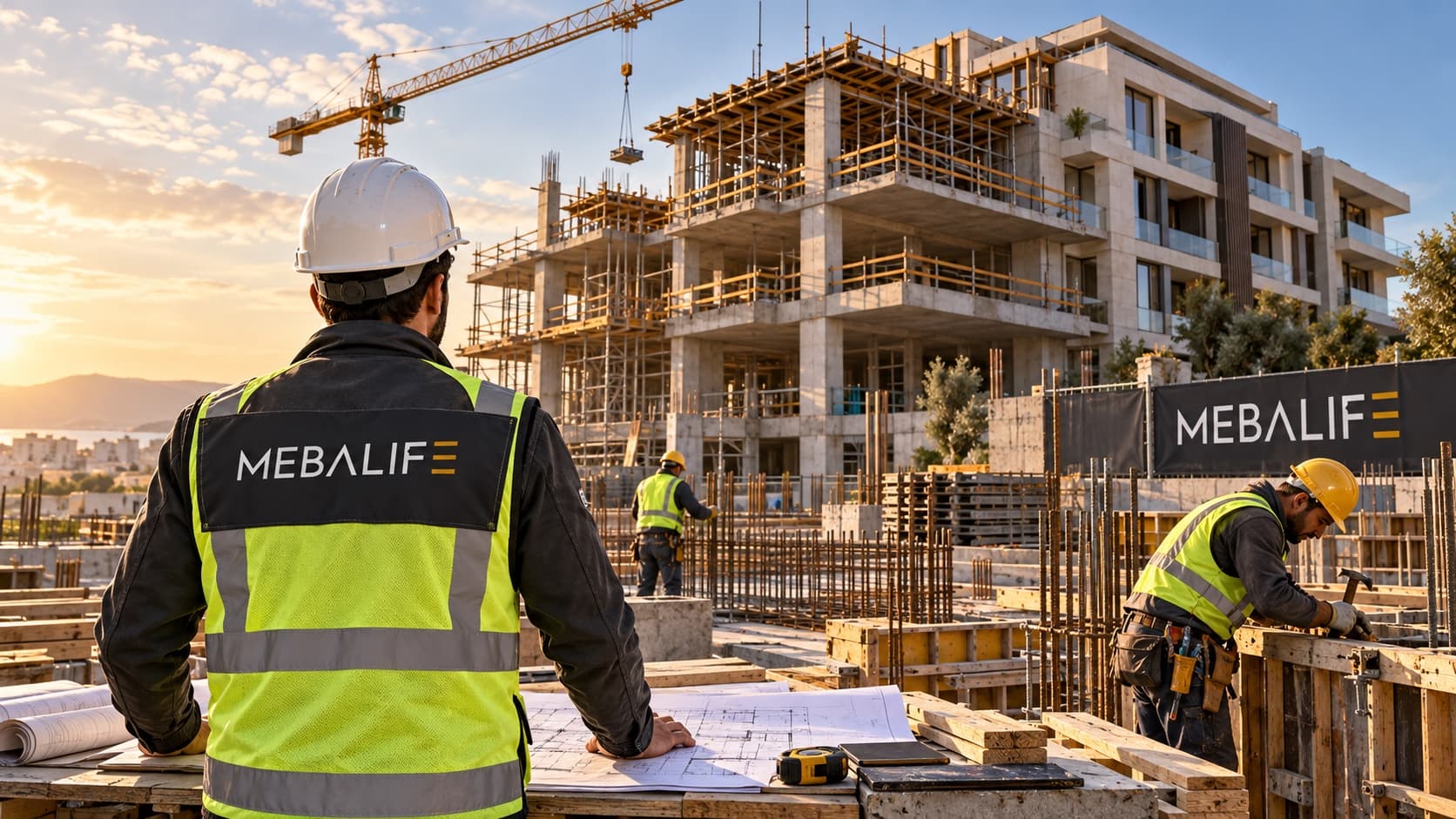 Mebalife şantiyesi: çizimlerin başında baretli şantiye şefi, arkada yükselen betonarme bina